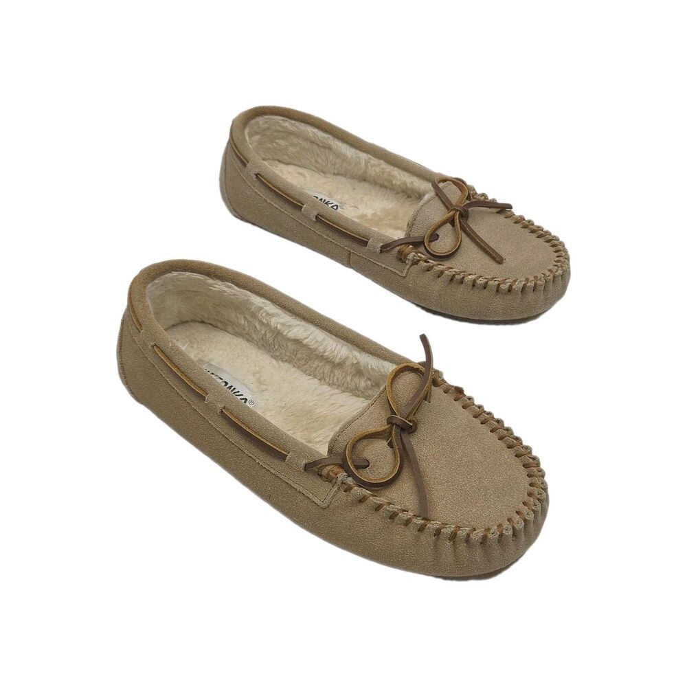 Minnetonka Slipper Moccasin Shoe Tan Suede Faux Fur Lined Women Sz 9 4052